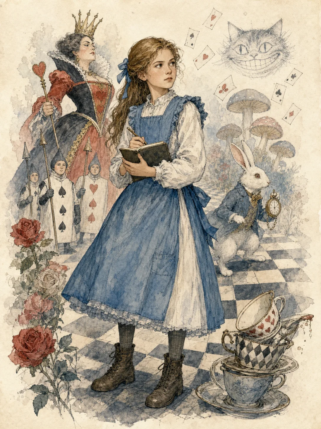 Clara, douze ans, robe sombre stricte, carnet en main, regard concentré dans un jardin victorien