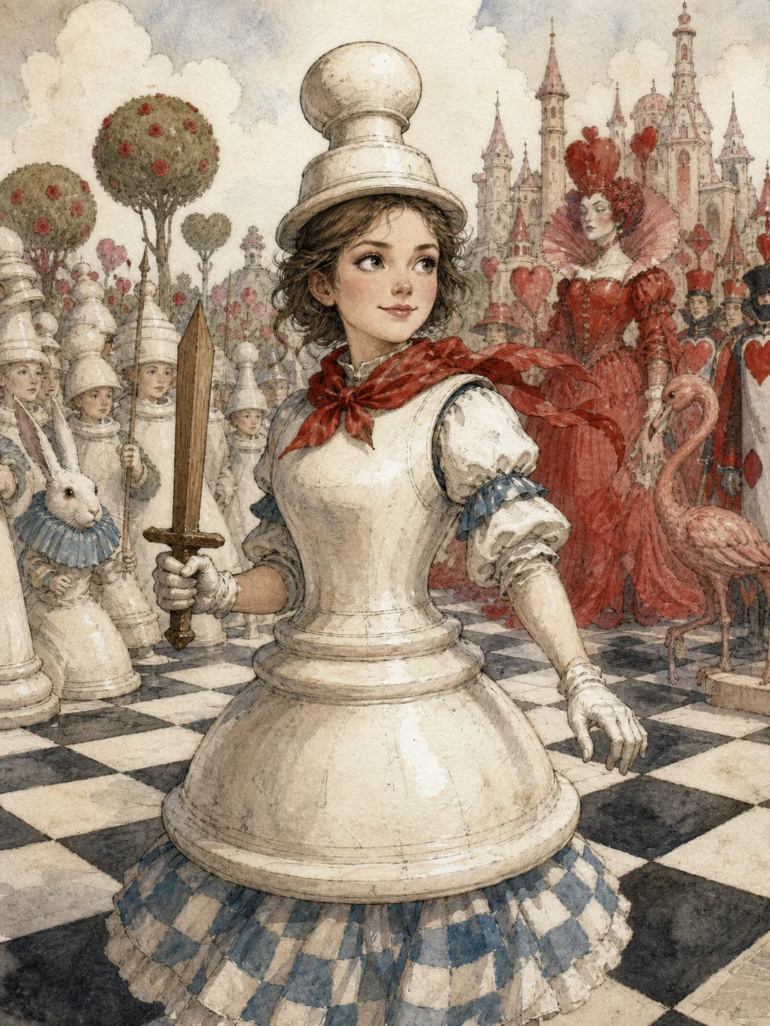 Eliza, neuf ans, robe blanche d'enfant de chœur, médaille au cou, regard tranquille et intense