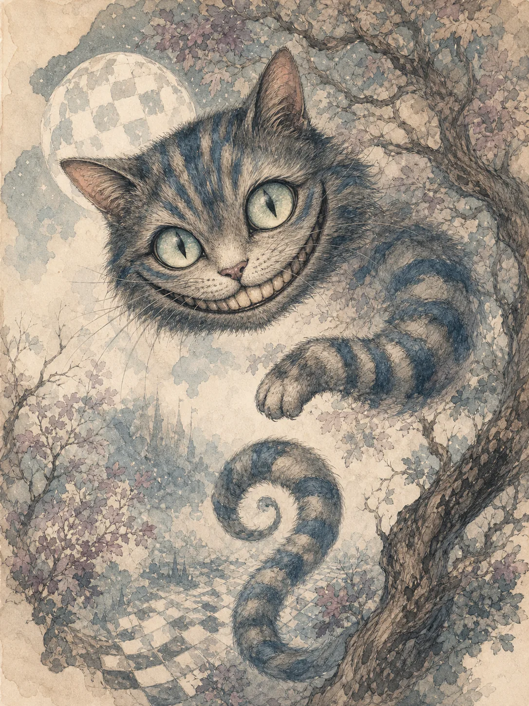 Chat de Cheshire perché sur une branche, sourire flottant, fourrure rose et violette