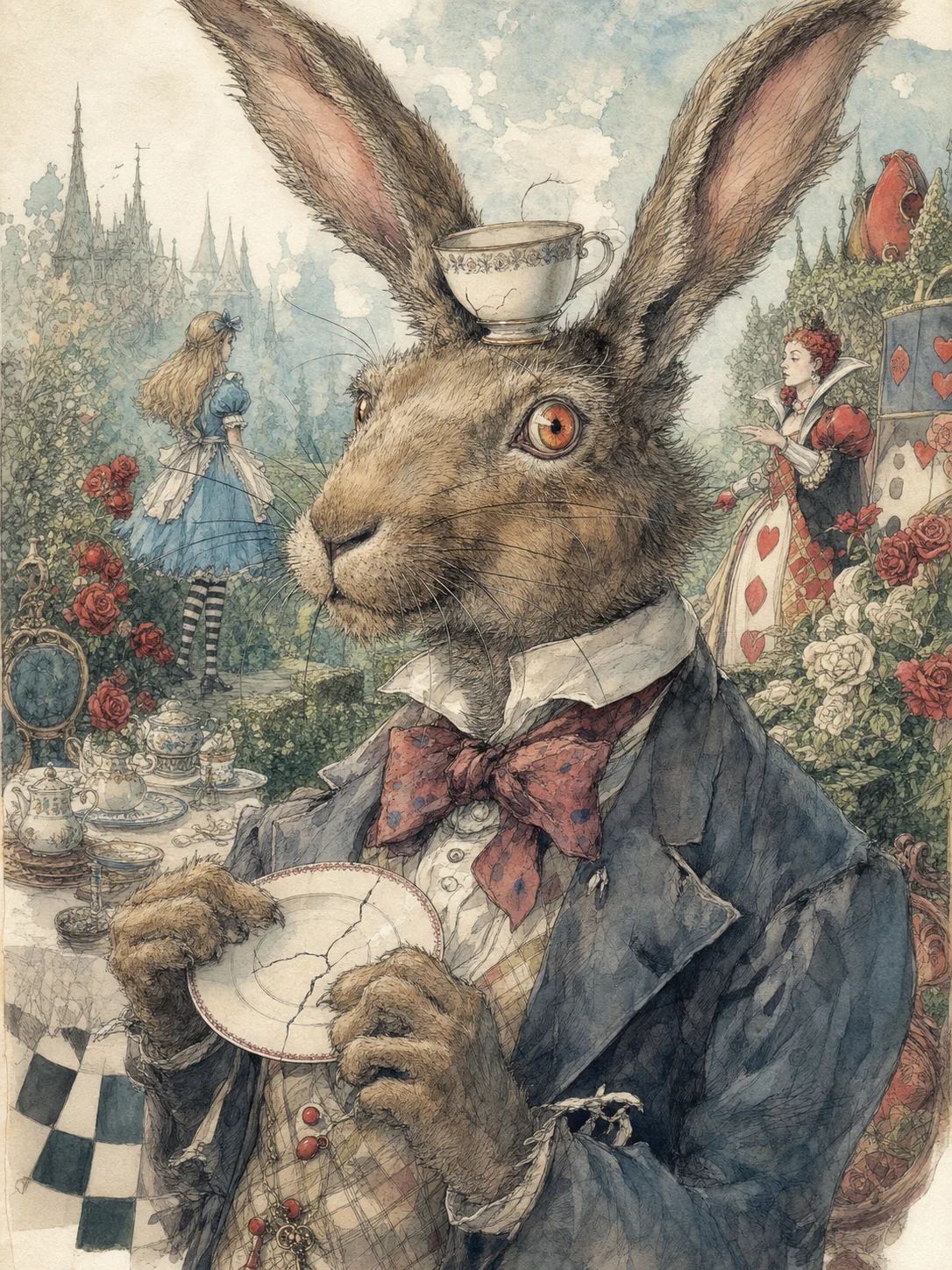 Lièvre de Mars, hôte du banquet, oreilles dressées et théière à la main