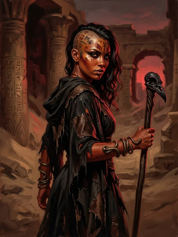 Kethra de Khemi, sorcière stygienne en disgrâce, robe noire rapiécée, bracelets de cobra