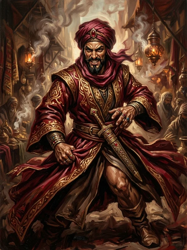Asmodel ben-Amar, marchand shémite dilettante, robe brodée, anneaux à chaque doigt, plastron de bronze sous la robe