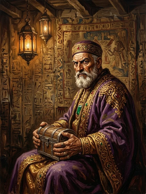 Jezal le Marchand-Prince shémite, gros, barbe blanche taillée, anneaux d'or aux doigts, cassette de plomb scellée à ses pieds