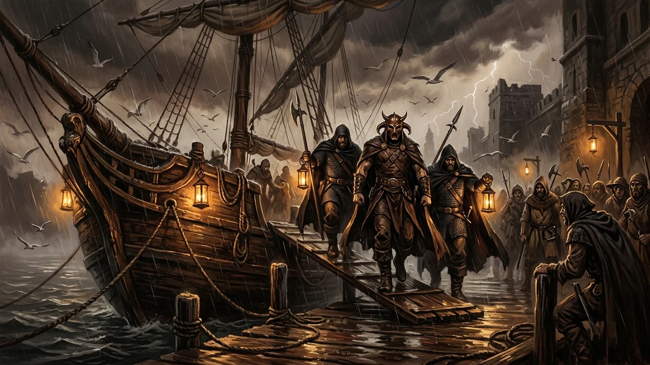 Quai de Kordava la nuit sous l'orage, caravelle stygienne accostant, passerelle de bois mouillée et lanternes balancées par le vent, homme grand au masque de bronze descendant entre deux gardes en cape noire