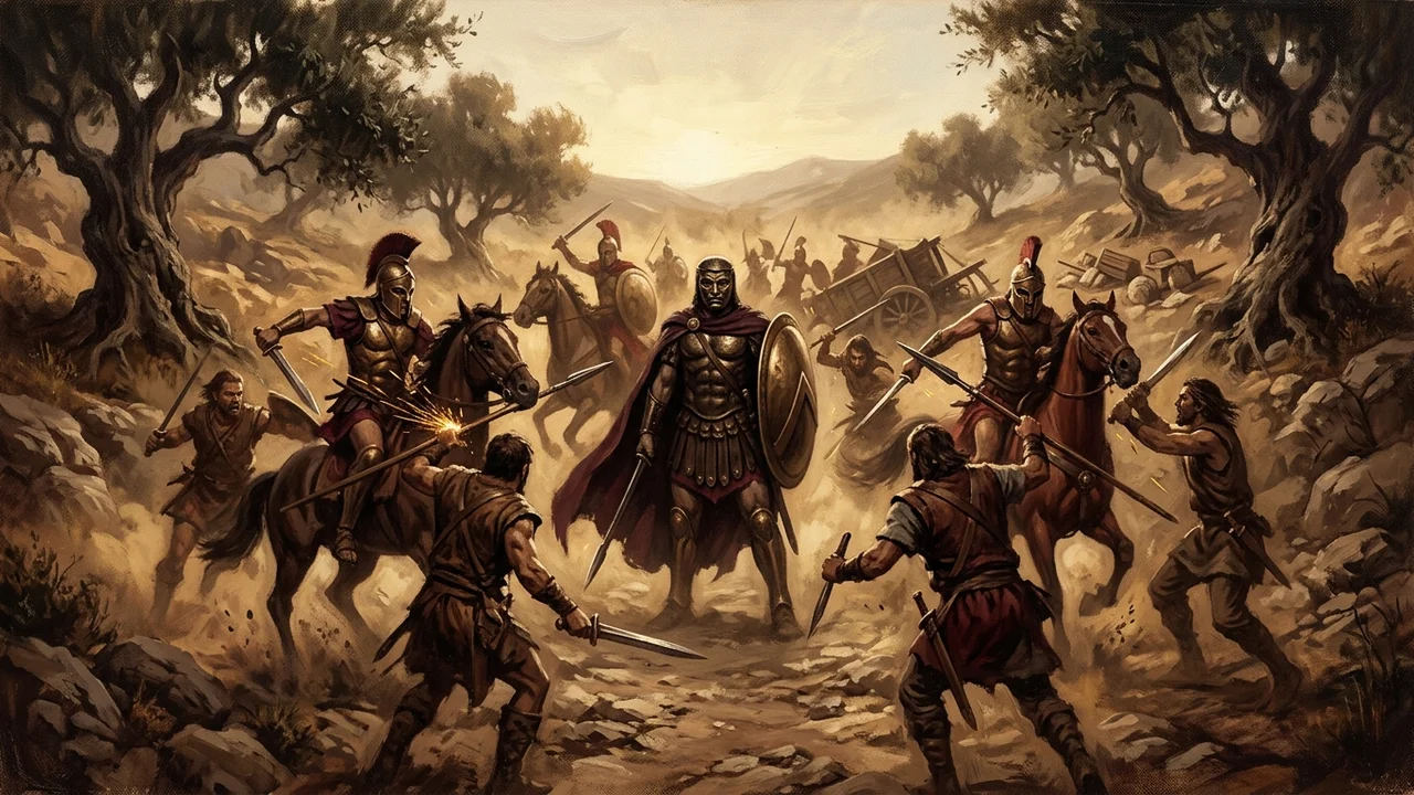 Route zingarienne déchirée par la guerre civile, oliviers tordus, village brûlé en arrière-plan, troupe à cheval avec un cavalier au masque de bronze au centre escorté par les PJ
