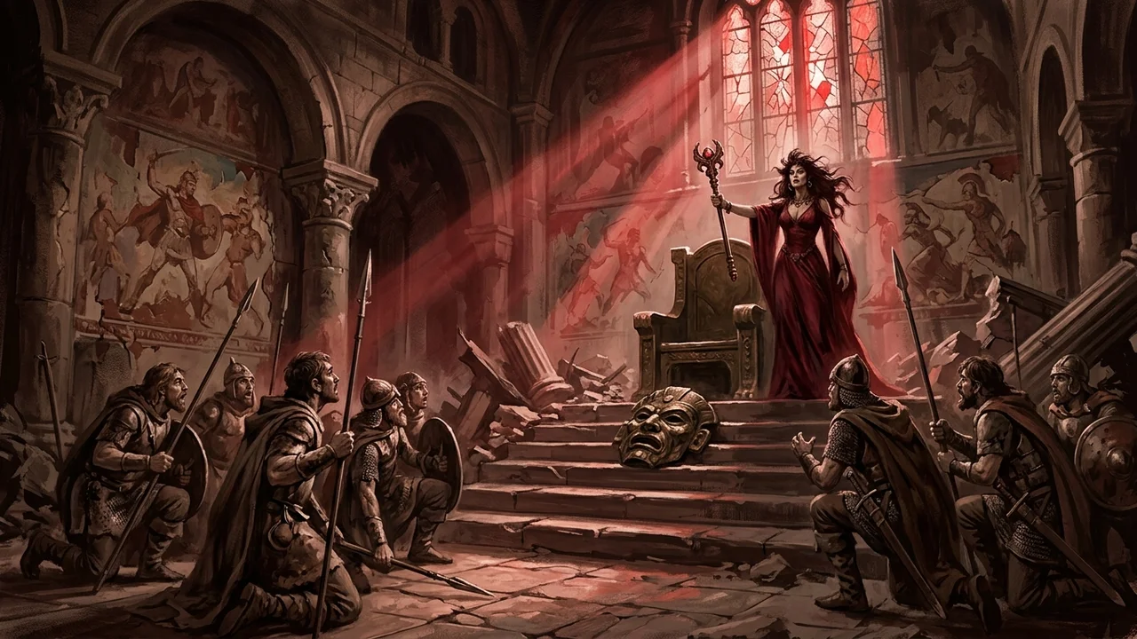 Salle du trône à demi en ruine de Castello del Sol, vitraux brisés, fresques effacées, soldats agenouillés à l'entrée, femme en robe rouge sang à passements d'or tendant un sceptre à un homme au masque de bronze