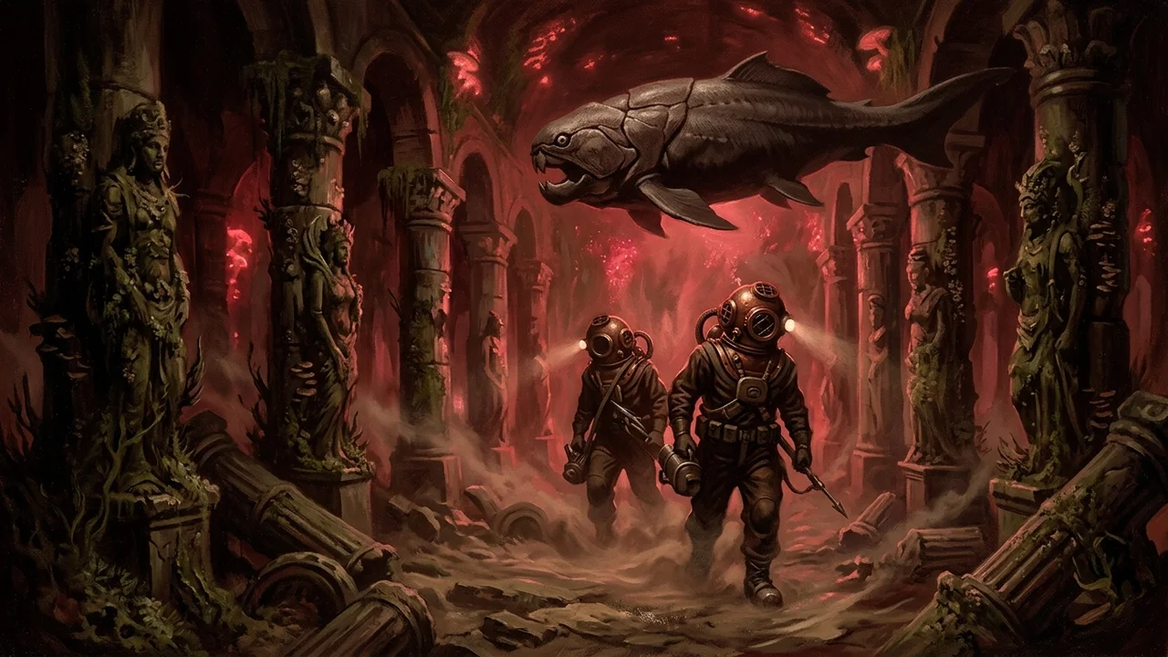 Galerie sous-marine d'un palais stygien englouti, colonnes brisées, statues mangées par les algues, fresques de serpents à demi effacées, lumière rouge phosphorescente perçant la pénombre verte