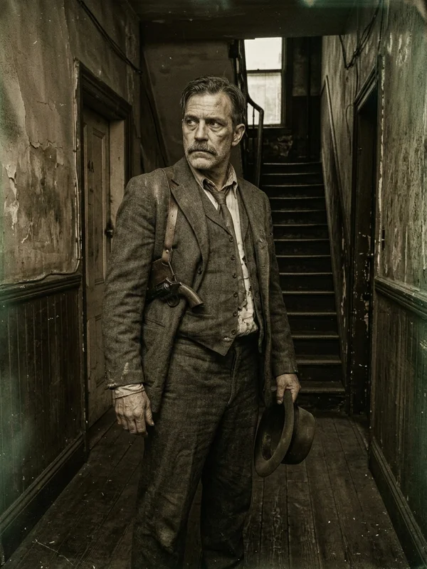 Frank Maddox, ex-inspecteur de Boston, fedora gris, manteau usé, holster d'épaule visible sous la veste