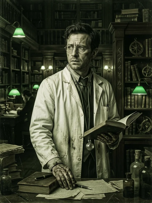 Docteur Aldous Penhaligon, médecin britannique émigré, lunettes cerclées, blouse blanche sous manteau de tweed, trousse médicale