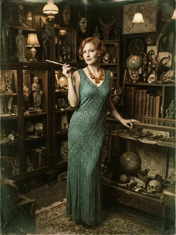 Helene Marsh, antiquaire mondaine, robe de soirée vert d'eau, fume-cigarette en ivoire, regard calme