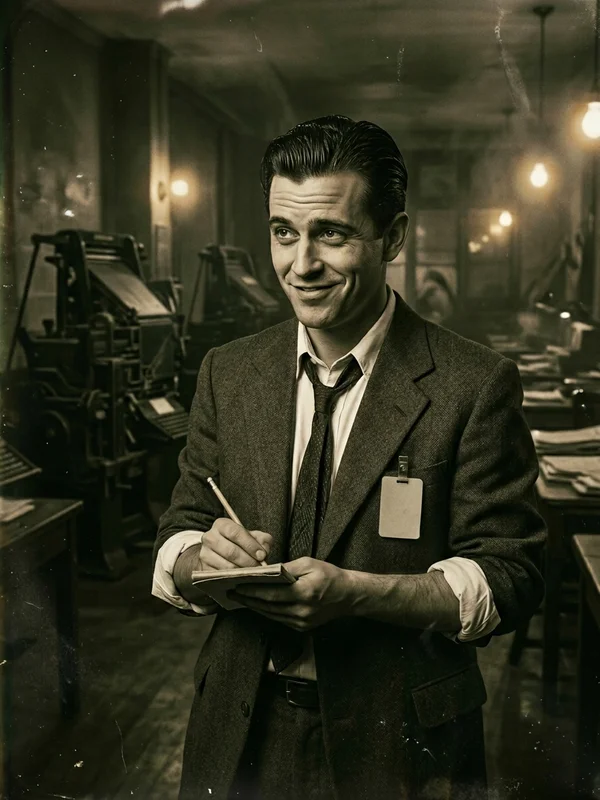 Joss Parnell, reporter de tabloïd, blouson d'aviateur en cuir, appareil photo Graflex en bandoulière, badge de presse, sourire canaille
