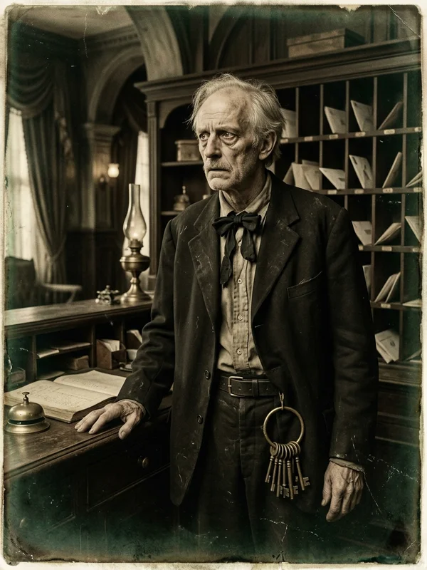 Mr. Marlowe, gérant du Fairhaven Hotel, sexagénaire en costume noir trop large, mains qui tremblent sur un registre relié cuir, regard rongé par la culpabilité ancienne