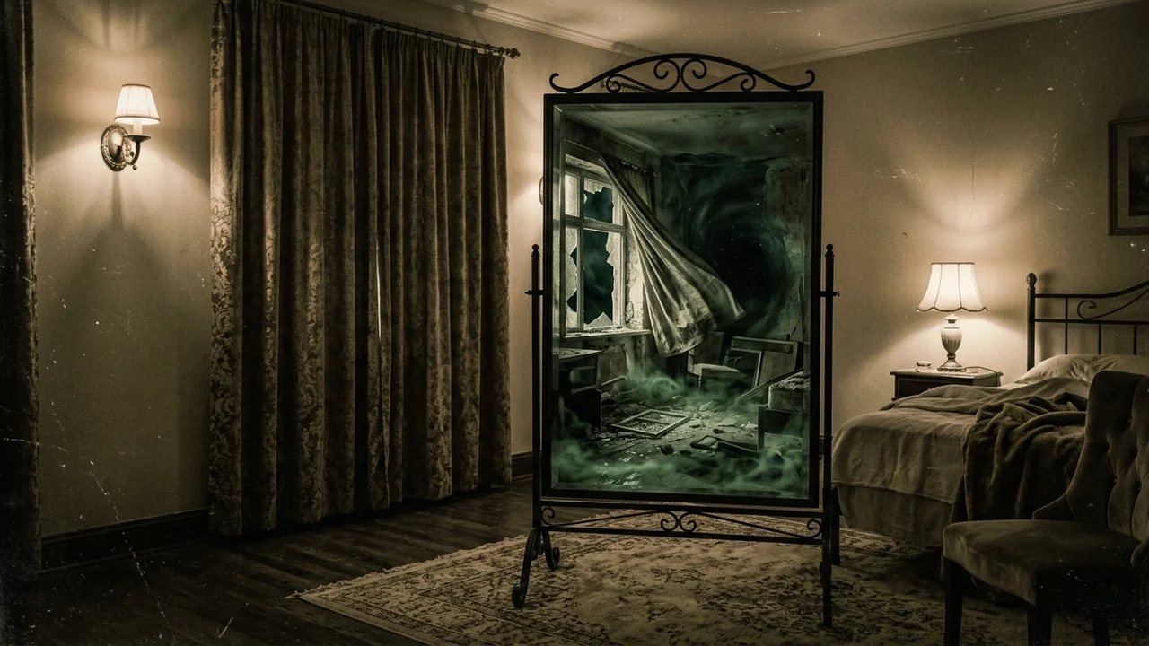 Miroir psyché à cadre noir dans une chambre d'hôtel, reflet qui montre une chambre 13 ravagée à papier peint moisi au lieu de la pièce réelle, lumière vert-jaune malsaine sourdant du verre