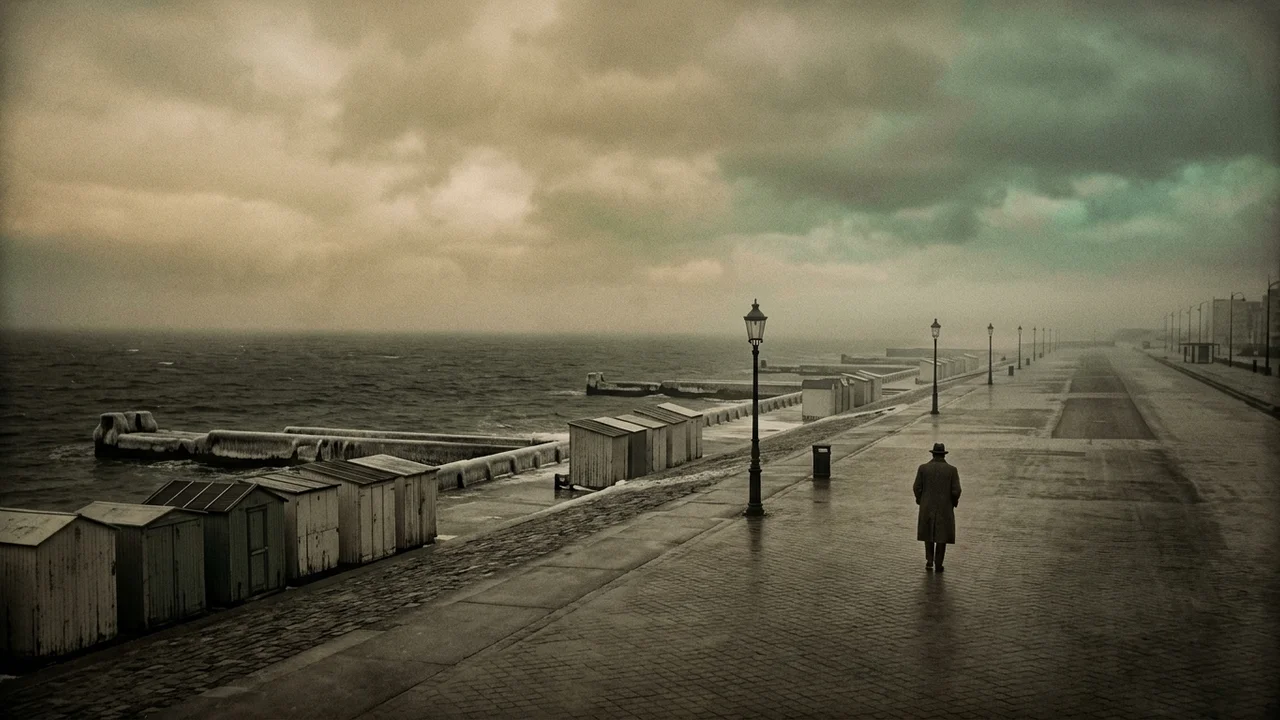 Digue d'Ostende couverte de glace au crépuscule, lampadaires à gaz éteints, cabines de plage cadenassées, silhouette d'un homme en pardessus appuyé sur une canne marchant lentement, mer plombée à l'horizon