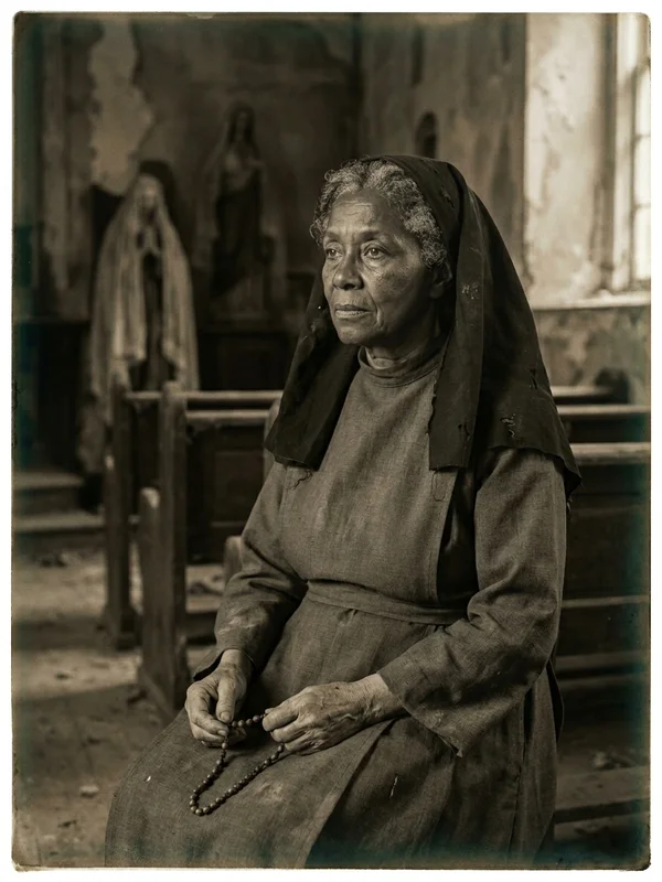 Sœur Amélie Delcambre, soixantaine, voile noir relâché, robe grise, regard vide, écrivant à la lumière d'une bougie sur le rebord d'un bassin de pierre, créole de Louisiane