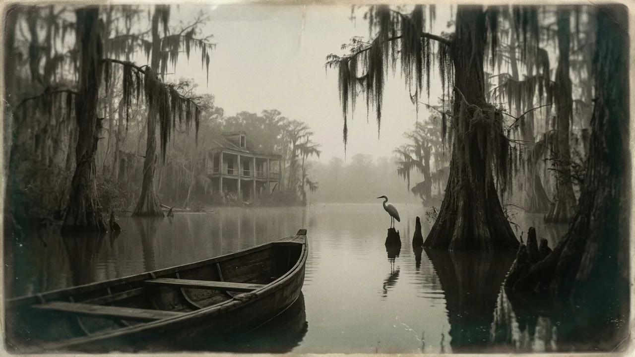 Pirogue cajun glissant à l'aube grise sur un bayou plat de Louisiane, cyprès noyés portant des barbes de mousse espagnole, héron immobile sur la rive, sillage suspect dans l'eau brune comme si quelque chose venait de plonger