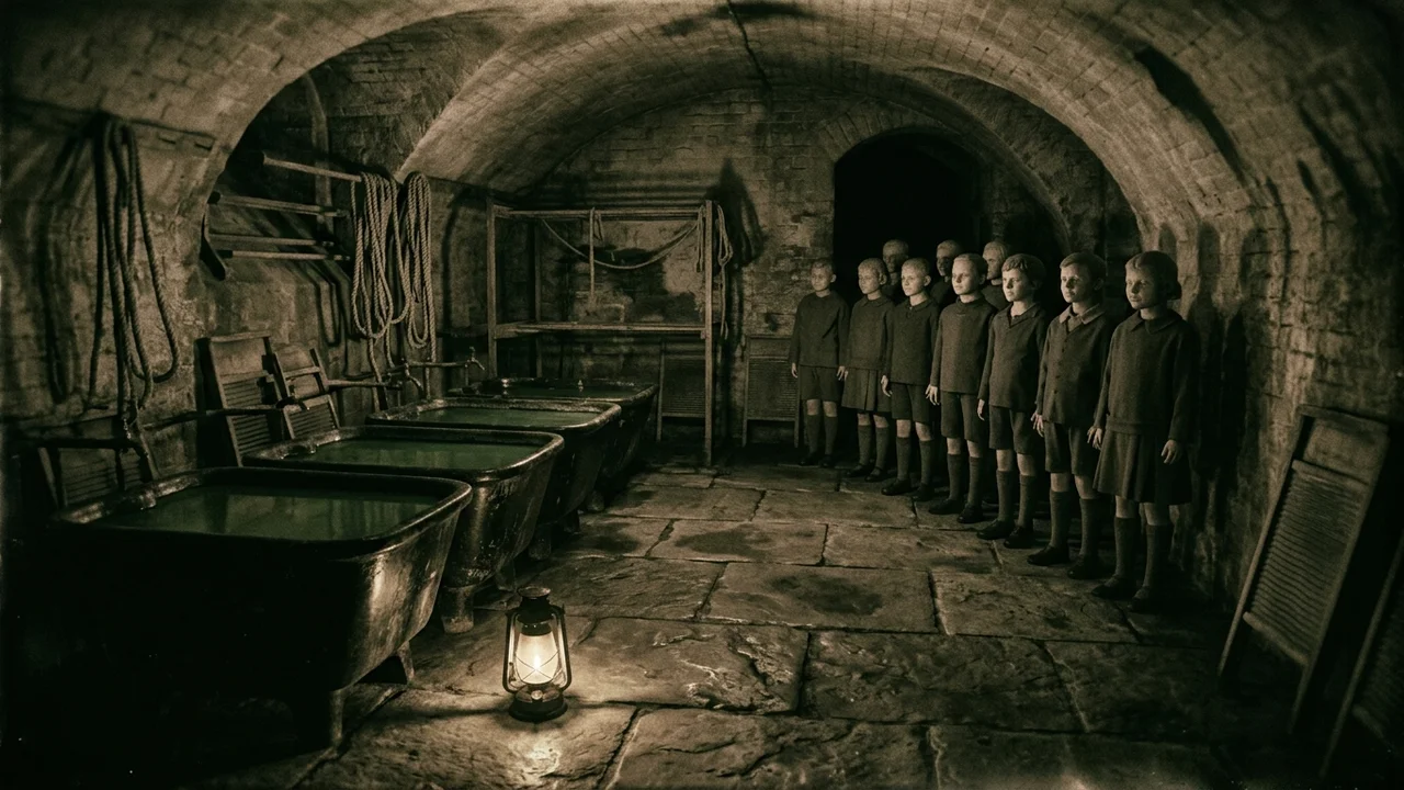 Lavoir voûté en sous-sol d'orphelinat louisianais, mannequins d'enfants alignés, religieuse écrivant à la bougie, climax des Lettres de Sainte-Agathe