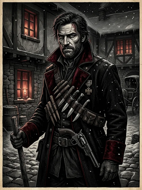 Capitaine Velmir Petranu, chasseur des Balkans, manteau noir doublé rouge, cicatrice à la tempe, baudrier de pieux et de lames, revolver Webley