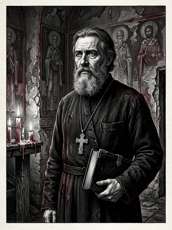 Père Mihail Stanescu, prêtre orthodoxe excommunié, longue barbe grise, soutane noire usée, croix pectorale d'argent ternie, livre relié de cuir noir