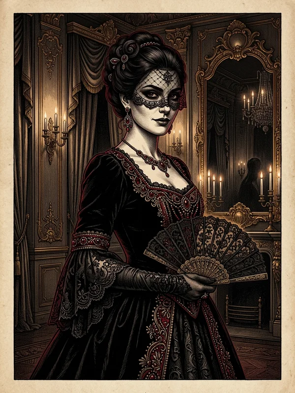 Sofia Karadzic, aristocrate serbe, robe de soirée à passements grenat, voilette légère, cheveux noirs relevés, ombrelle pliée à pommeau d'argent
