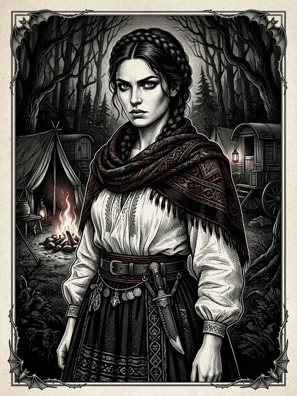 Anna Vatra, femme romani des Carpates, châle rouge sur chemise blanche, cheveux noirs en tresses, ceinture de cuir avec couteau et amulettes, regard farouche
