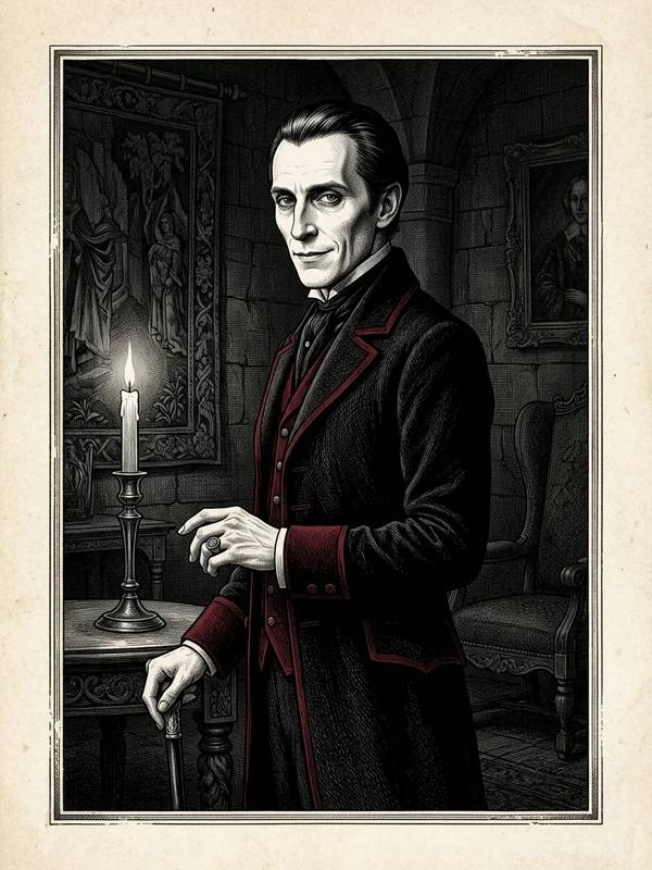 Prince László Nadasdy, aristocrate hongrois âge indéterminé, mince et grand, peau très pâle de vieil ivoire, cheveux noirs lissés en arrière, redingote de velours noire à passements rouge sang, chevalière d'argent à la main droite, sourire poli sans chaleur, regard noir profond posé sur l'objectif, fond de tapisserie sombre du salon central