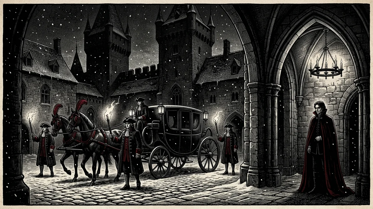 Cour intérieure du château de Nadasvár à la nuit tombée, pavés de pierre noire couverts d'une fine neige, deux valets en livrée tenant des torches qui font danser des ombres sur les murs, oriflammes blanches gelées au sommet de quatre tours rondes, calèche noire à demi déchargée, prince mince en redingote de velours noire à passements rouge sang descendant les marches du porche éclairé