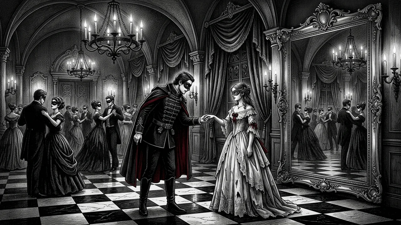 Grande salle de bal au château de Nadasvár, cinq cents bougies allumées dans des lustres descendus à mi-hauteur, sol en damier de marbre noir et blanc, miroirs hauts au fond de la salle, couples masqués de bois noirci dansant une valse lente, prince en cape noire et masque blanc sans expression au bras d'une jeune fille en robe blanche fanée, quatuor à cordes dissimulé derrière un paravent