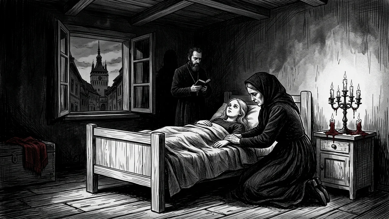 Chambre de jeune fille transylvaine au deuxième étage d'une maison de la place, lit en bois clair avec courtepointe brodée, fenêtre ouverte sur la place et la tour de l'horloge en arrière-plan, jeune femme étendue immobile sur le lit yeux ouverts vers le plafond, mère agenouillée en fichu noir au bord du lit, prêtre orthodoxe en soutane priant en arrière-plan, table de nuit avec chandelier à demi consumé icône de la Vierge et rameau de buis bénit