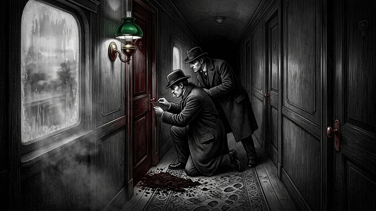 Cabine 7 du wagon-lit de première classe ouverte par un PJ, couchette défaite à gauche, valise de cuir noir sans rien de personnel posée sur l'étagère, costume de rechange suspendu à un crochet, au centre un coffre de bois sombre de deux mètres posé sur le plancher couvercle entrouvert, à l'intérieur de la terre noire de Transylvanie sur laquelle est étendu un homme en costume de voyage sombre cheveux poivre lissés écharpe de soie noire immobile yeux fermés, lampe à abat-jour vert au plafond