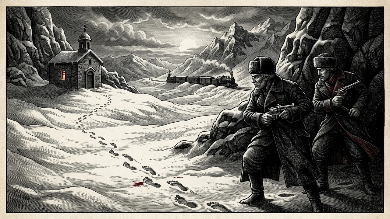 Col enneigé bloqué par avalanche, Orient-Express immobilisé en pleine montagne, ligne de pieds nus dans la neige profonde vers une chapelle isolée, climax du Train de Constantinople