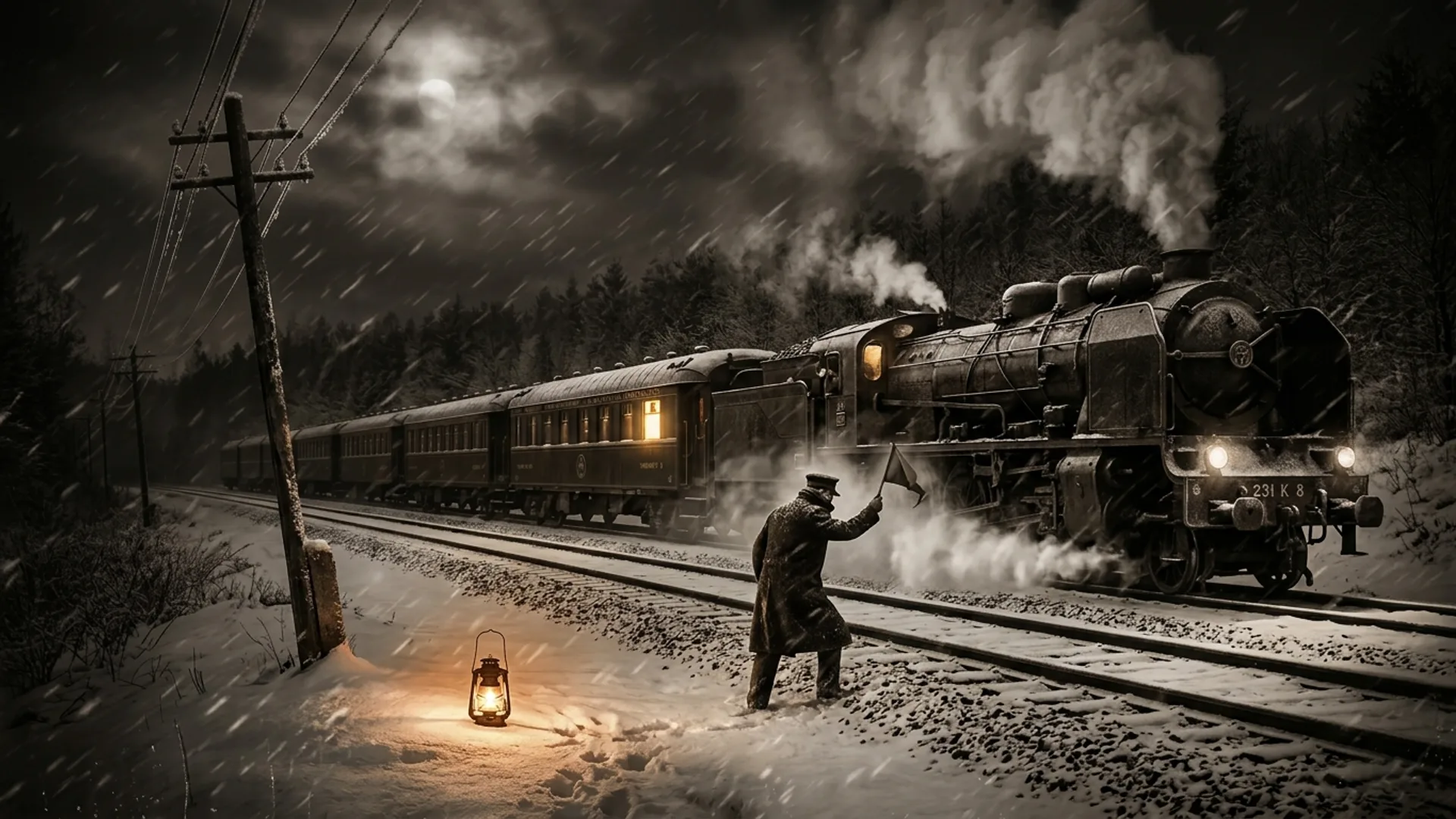 Train de nuit PLM Lyon-Paris bloqué dans la neige du Morvan, locomotive à vapeur, fenêtres jaunes des compartiments éclairés sous les flocons obliques