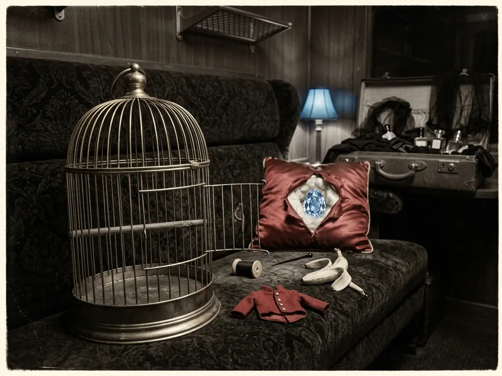Cage à oiseau dorée transformée en cage à singe, ouverte sur la banquette de la cabine 8, coussin rouge déplacé révélant le diamant Étoile du Bengale dans un nid de coton, épingle à chapeau tordue et bobine de fil noir à côté