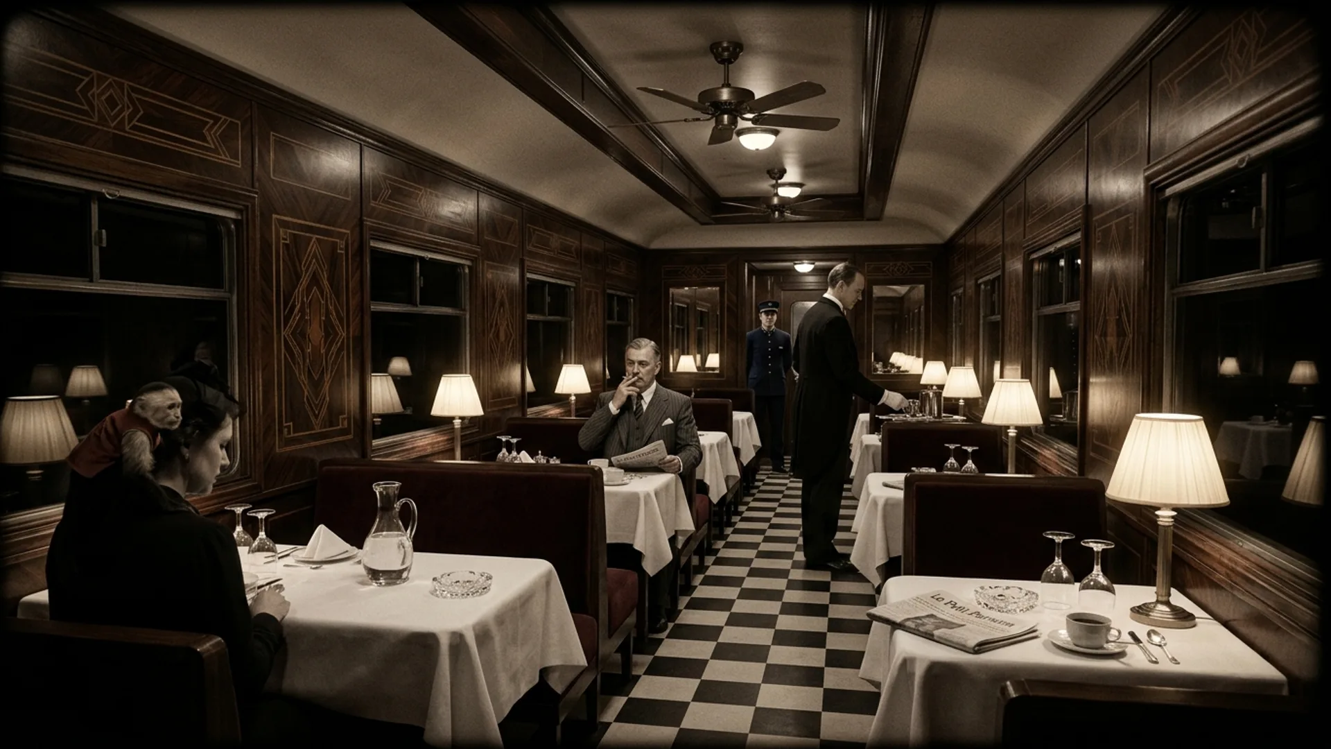 Wagon-restaurant Wagons-Lits en pleine nuit, boiseries acajou Art Déco, tables nappées blanches avec lampes à abat-jour de soie crème, banquettes velours bordeaux, suspects installés à des tables séparées