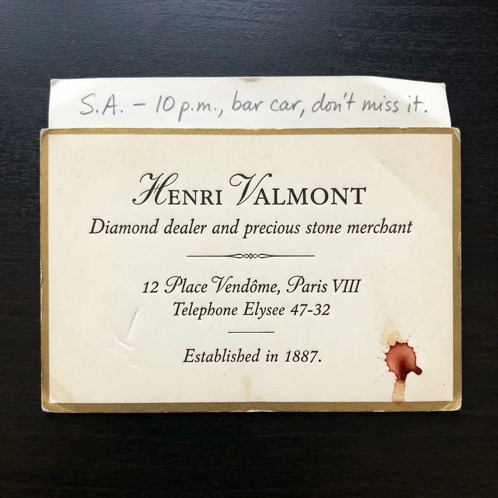 Carte de visite de Henri Valmont diamantaire, carton crème ivoire bord biseauté or, tachée d'une goutte de sang séché