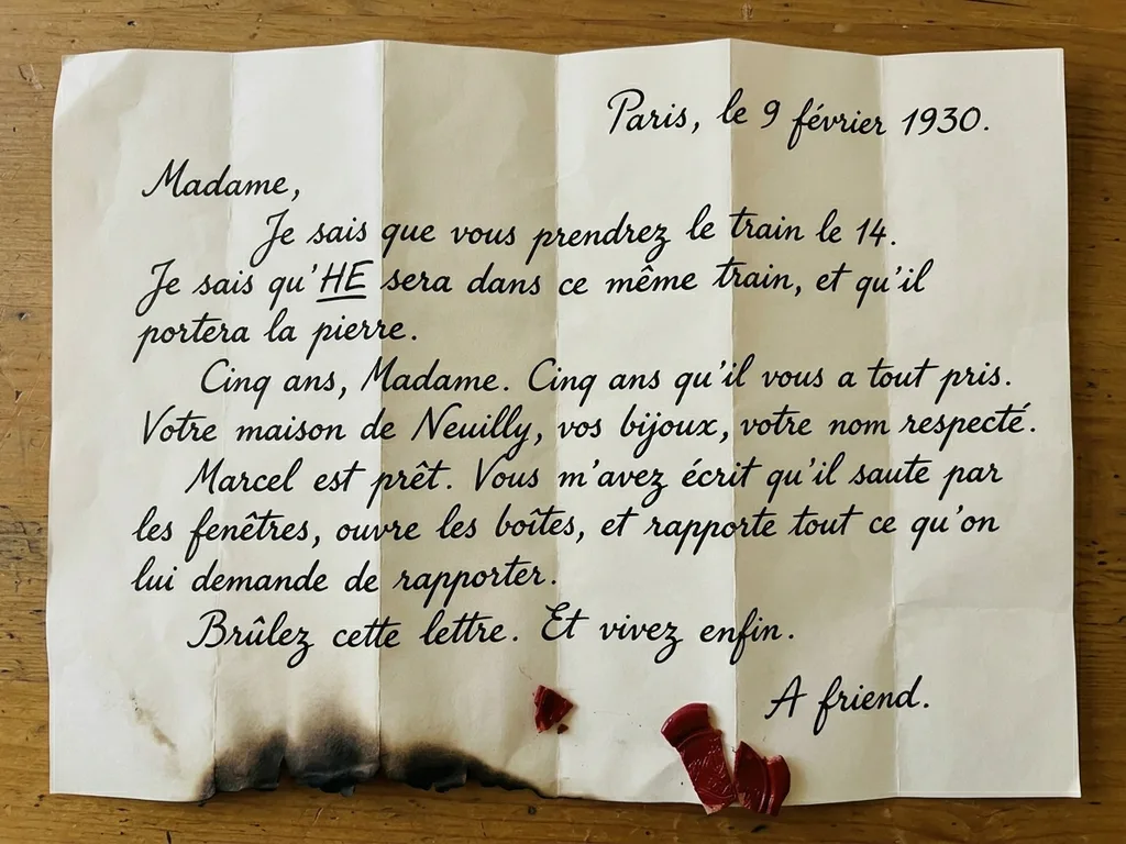 Lettre anonyme à plat, papier crème froissé puis défroissé, écriture à la plume noire penchée à droite, bord bas noirci par un commencement de combustion arrêtée, sceau de cire rouge brisé