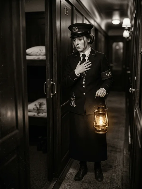 Mlle Duval, contrôleuse de la Compagnie Internationale des Wagons-Lits, 30 ans, uniforme bleu marine à boutons dorés CIWL, casquette à visière, lampe-tempête à la main, livide dans le couloir