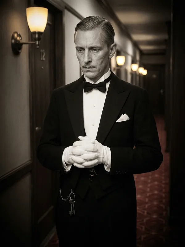 James le majordome, 40 ans, habit queue-de-pie noir et gants blancs, debout dans le couloir tapissé du wagon-lit, regard fuyant baissé sur ses chaussures