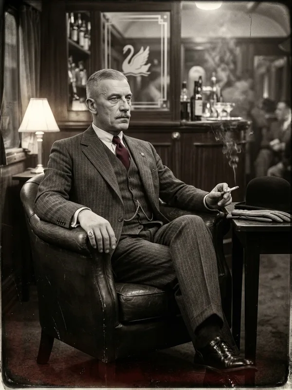 M. Krakov, négociant russe 50 ans, costume trois-pièces gris anthracite, moustache en croc, cigarette à la main, assis dans un fauteuil club du wagon-bar du PLM