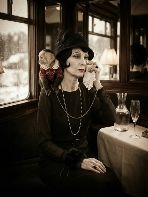 Mme De Saint-Ange, la Veuve Joyeuse, 55 ans en robe noire et chapeau cloche, petit singe capucin Marcel en veste rouge perché sur son épaule droite, wagon-restaurant en arrière-plan