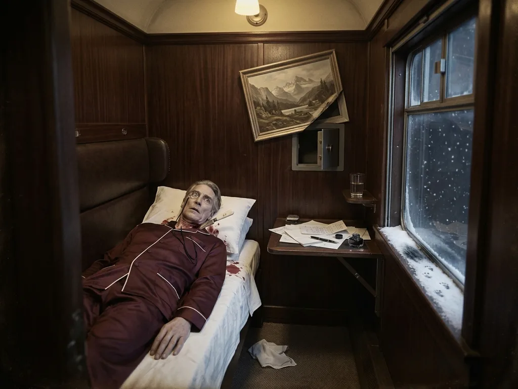 Henri Valmont la victime, 60 ans, allongé sur le dos en pyjama de soie bordeaux dans la cabine 12 du wagon-lit Pullman, coupe-papier en argent ciselé planté dans le cou, fenêtre entrouverte à neige