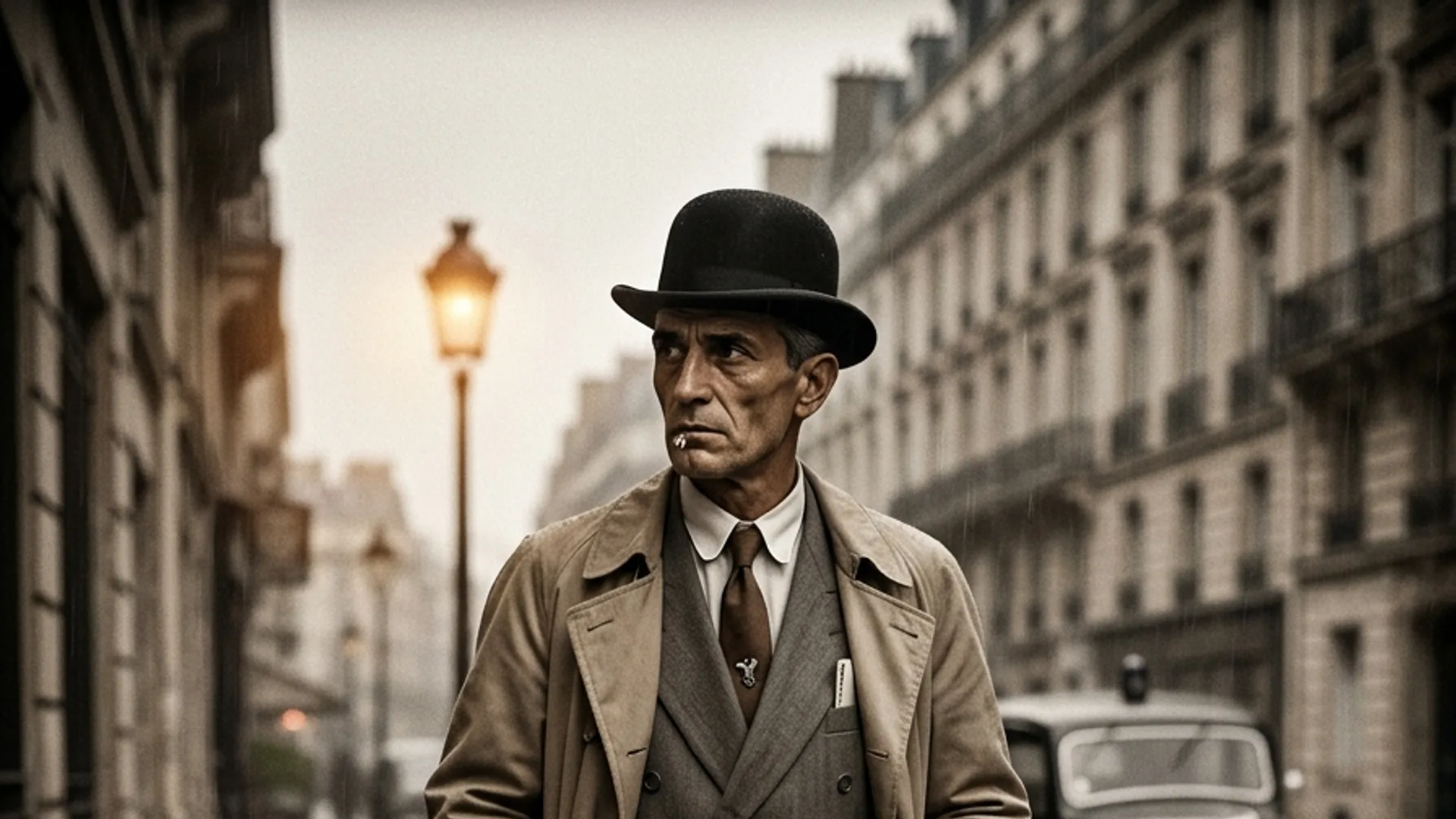 Inspecteur Decavel en silhouette sur le pavé mouillé devant la Pension Marquise rue de Rivoli sous une pluie battante, manteau noir et chapeau melon, halos jaunes des réverbères Belle Époque