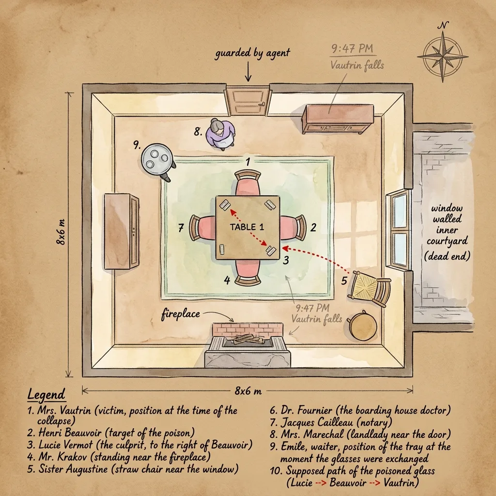 Plan du grand salon vu de dessus, style aquarelle technique, table de bridge centrale et sept positions numérotées des invités, trajet du verre empoisonné en pointillés rouges de Lucie vers Beauvoir vers Vautrin