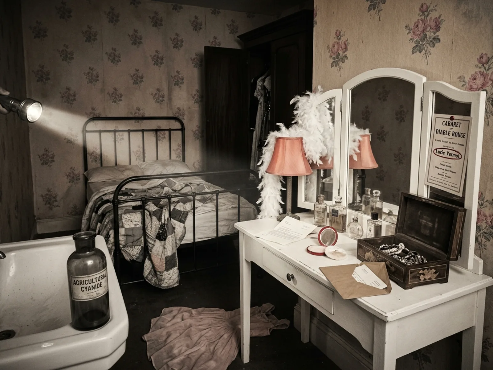 Petite chambre de Lucie au second étage, papier peint à fleurs roses fanées, coiffeuse blanche à miroir triptyque, coffret à bijoux ouvert avec lettres de menace dépassant, flacon vide étiqueté cyanure sur le lavabo, programme du Diable Rouge accroché au miroir