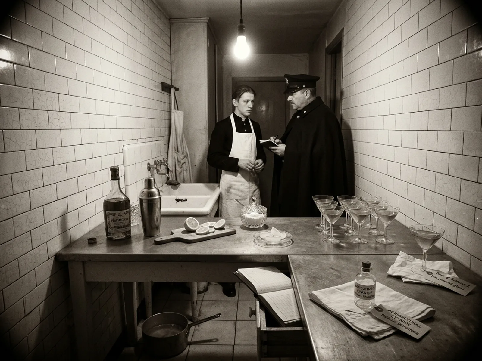 Cuisine étroite carrelée de la pension, plan de travail en zinc, sept verres Side-Car alignés et un huitième isolé sous étiquette pièce à conviction, flacon vide cyanure agricole droguerie Pigalle, serveur Émile interrogé en arrière-plan