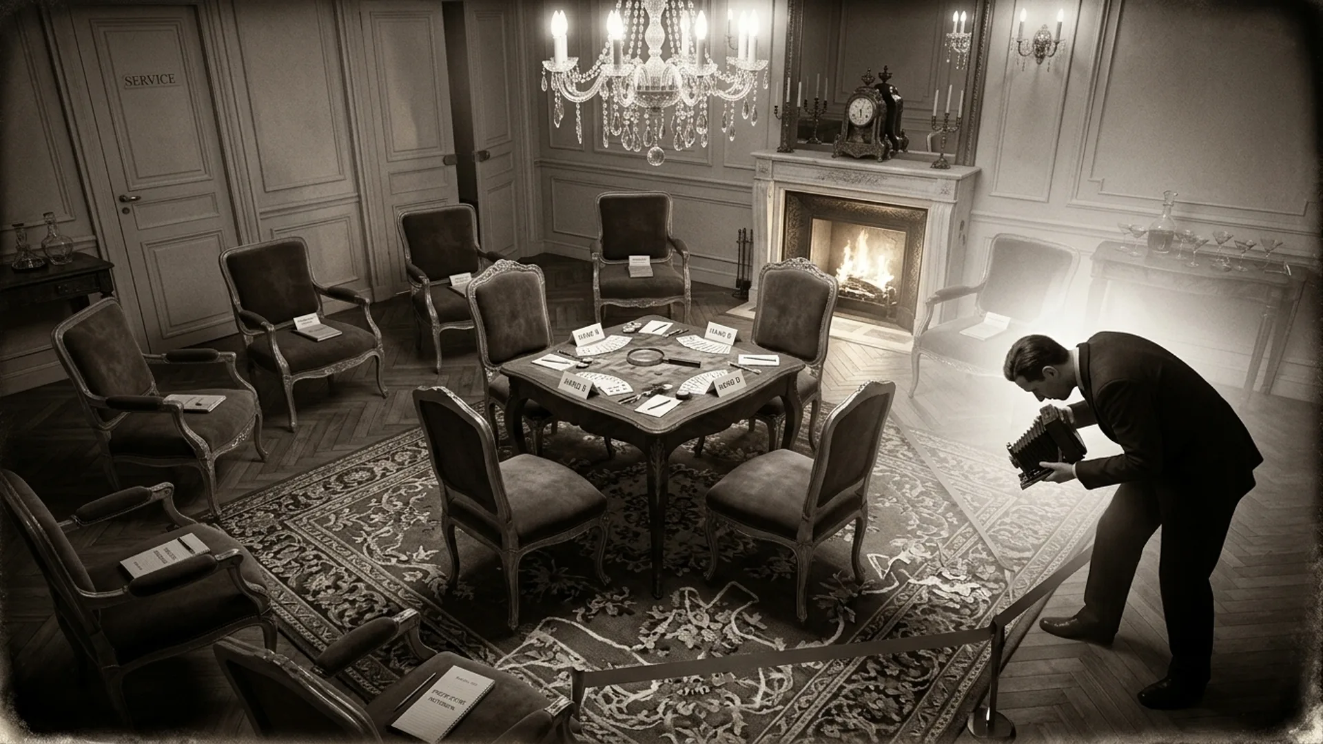 Grand salon Belle Époque de la Pension Marquise figé à 21h47, table de bridge avec quatre mains de cartes laissées en place, verre Side-Car cassé, lustre en cristal, cheminée allumée, photographe de la préfecture au flash