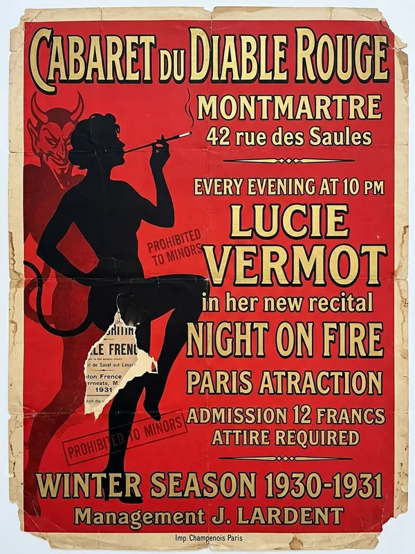 Affiche lithographiée Cabaret du Diable Rouge Montmartre 42 rue des Saules, danseuse en silhouette noire sur fond rouge, lettrage Art Déco doré, Lucie Vermot tête d'affiche, direction J. Lardent