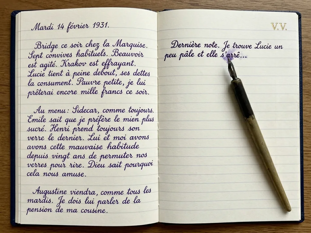 Carnet de Vautrin relié en cuir bleu nuit gaufré aux initiales V.V. dorées, ouvert à la page du mardi 14 février 1931, écriture à la plume encre violette, plume posée sur la page de droite