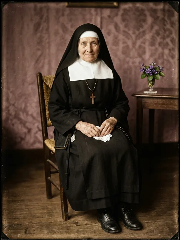 Sœur Augustine, religieuse 65 ans des Petites Sœurs des Pauvres, voile noir et bandeau blanc, mains noueuses jointes serrant un mouchoir, regard bienveillant légèrement baissé