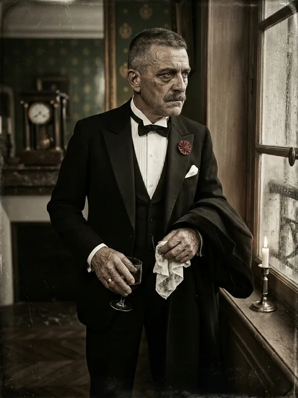 Henri Beauvoir, ex-consul colonial 55 ans, costume trois-pièces de soirée à plastron blanc, Légion d'honneur en rosette pleine, verre de cognac à la main, dos voûté près d'une fenêtre du salon